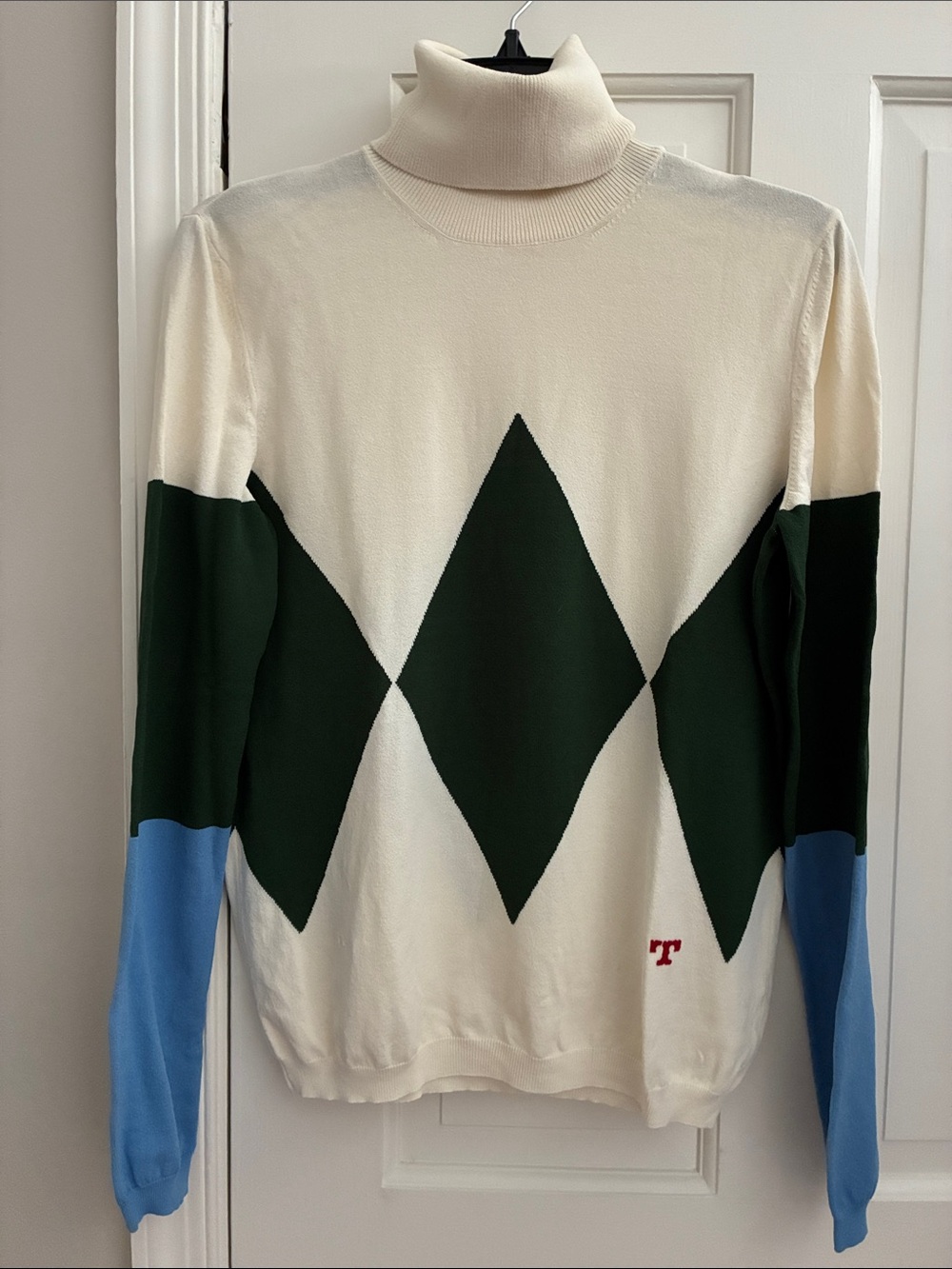 Tory Burch Turtleneck Argyle Pattern Sweater - Cream & Green - medium